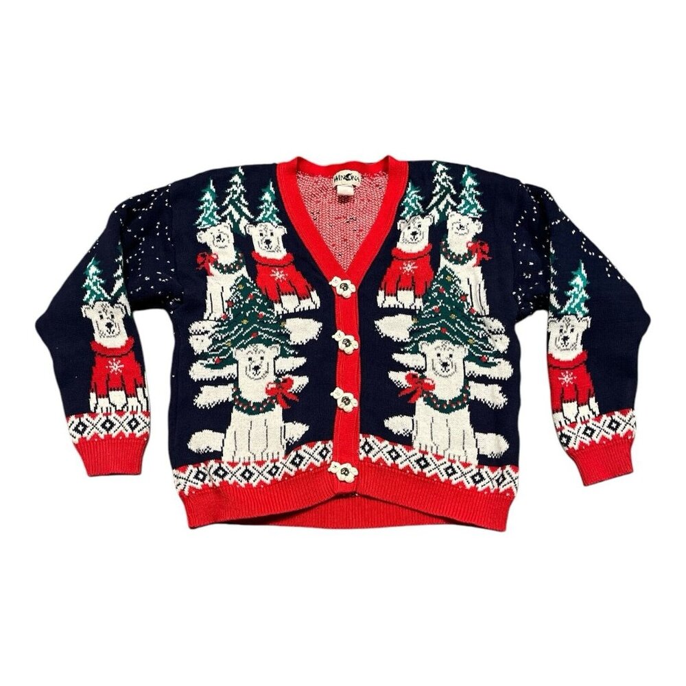 Vintage 80’s Polar‎ Bear All Over Cardigan Cotton Sweater Fit Medium Holiday